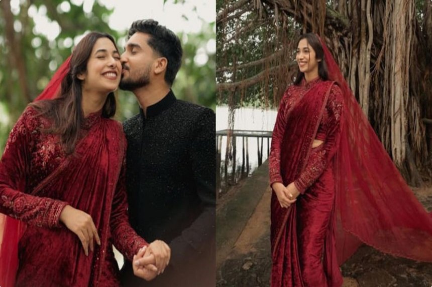 Harsha Pathu wears a minimalist wedding saree without gold, silver, or diamond jewellery during her wedding ceremony.