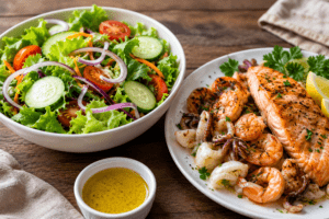Salad and Grilled Seafood Feast